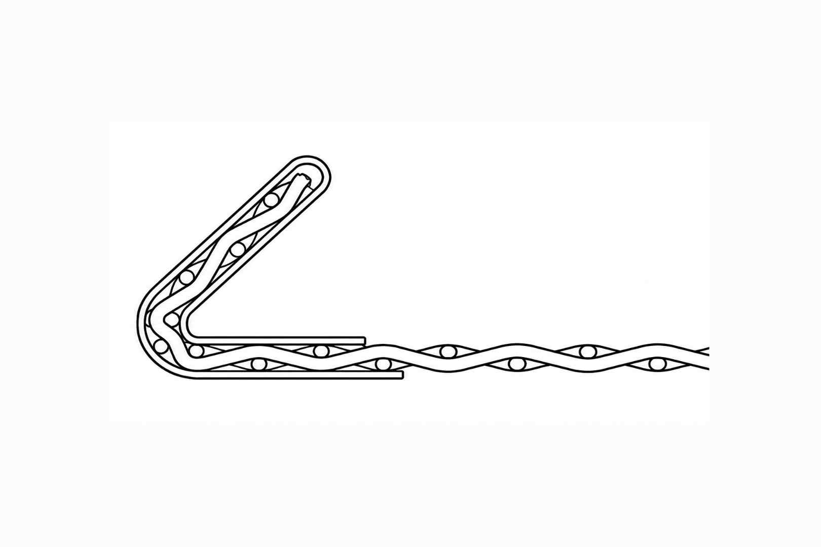 Technische tekening van een afwerkingshaak voor zeefdekken en spanzeven in industriële zeefinstallaties